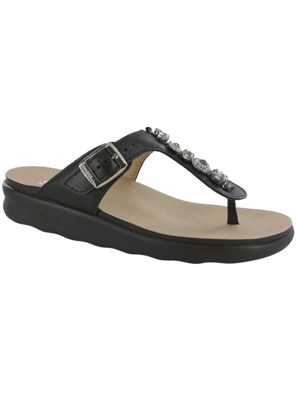 SAS Sanibel Dazzle T-Strap Slide Sandals Black Silver women’s 7 GUC flip flop